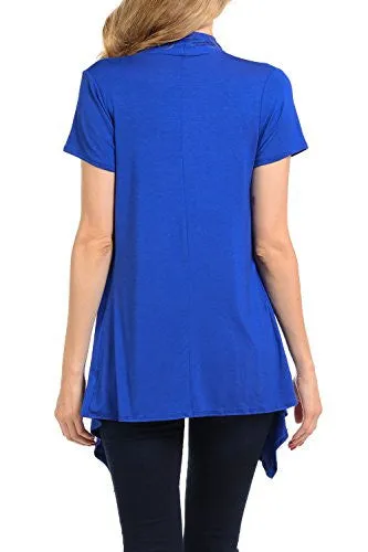 Shamaim Womens Womens Short Sleeve Draped Open Front Cardigan Royal Large