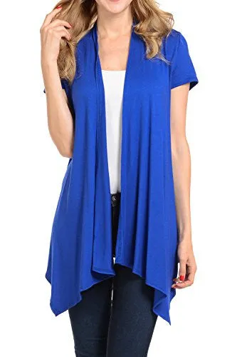 Shamaim Womens Womens Short Sleeve Draped Open Front Cardigan Royal Large