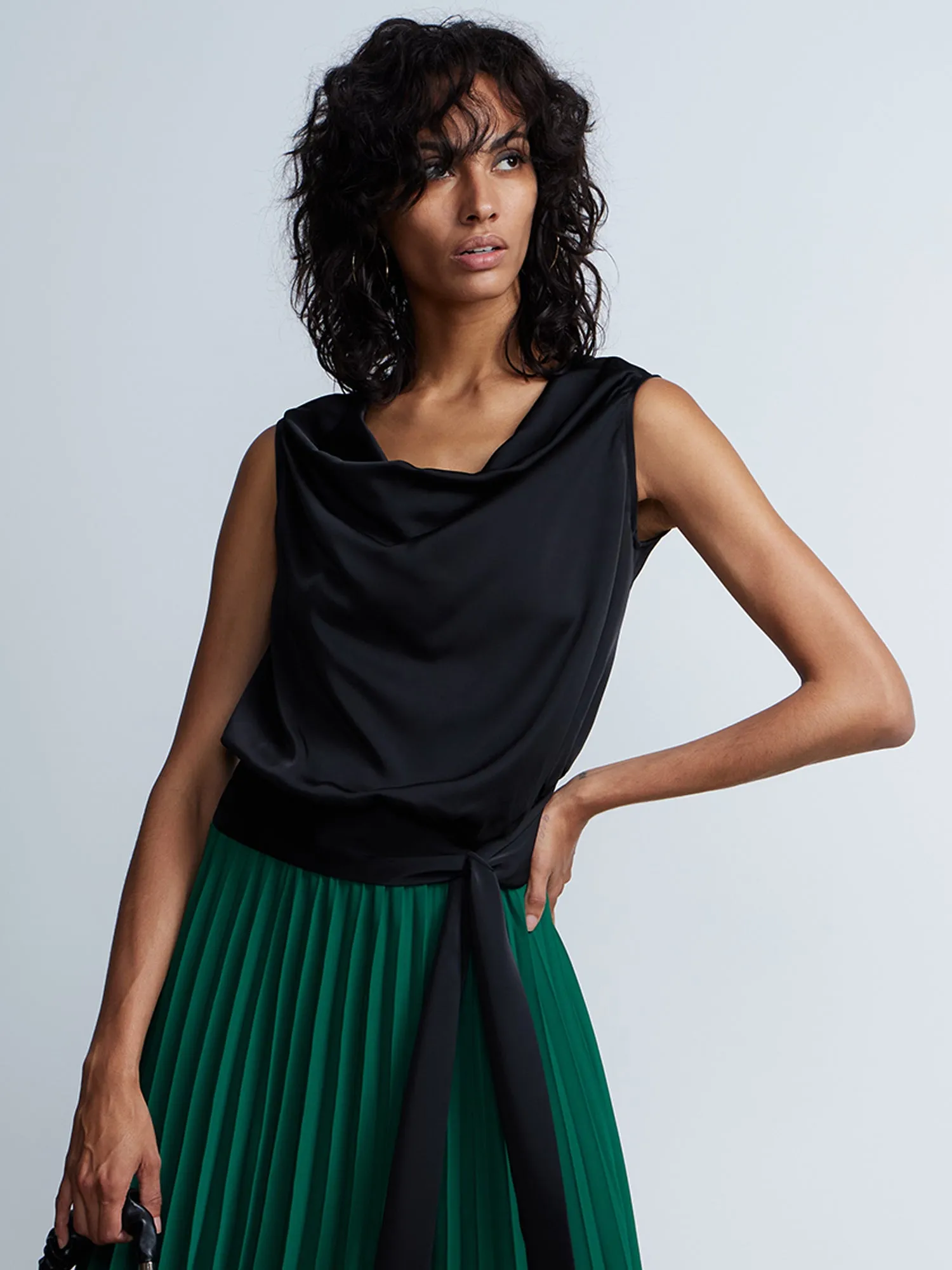 Sleeveless Cowl Neck Back Tie Blouse
