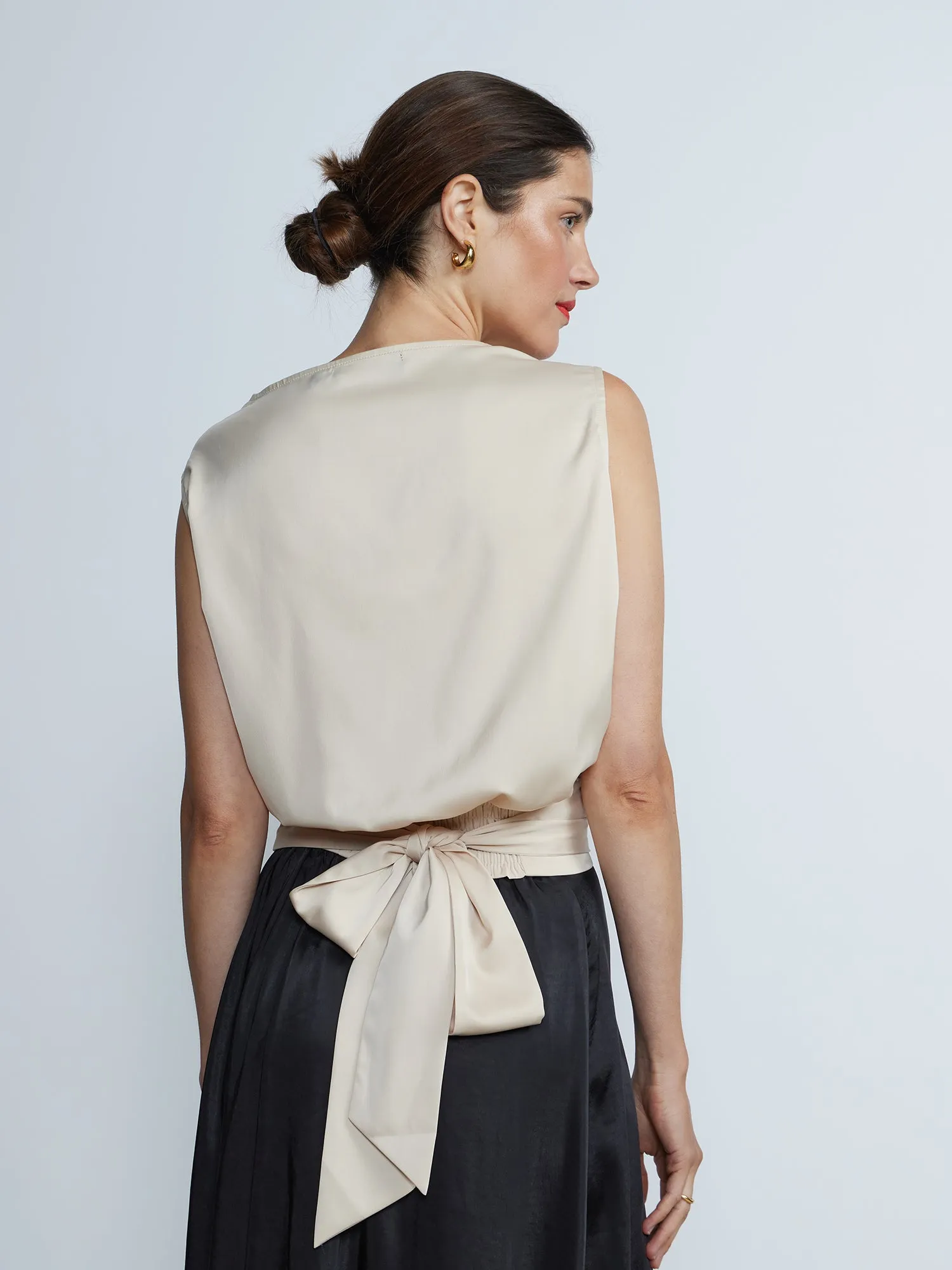 Sleeveless Cowl Neck Back Tie Blouse