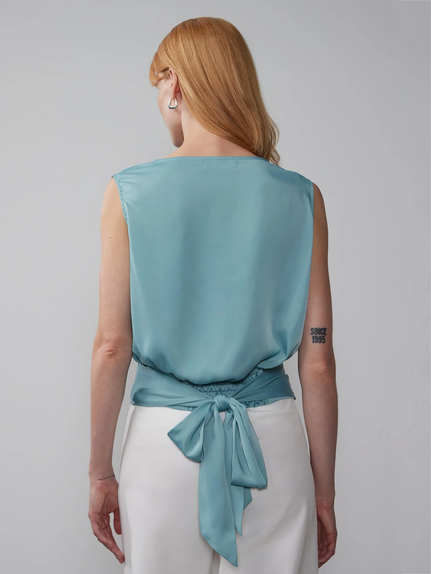 Sleeveless Cowl Neck Back Tie Blouse