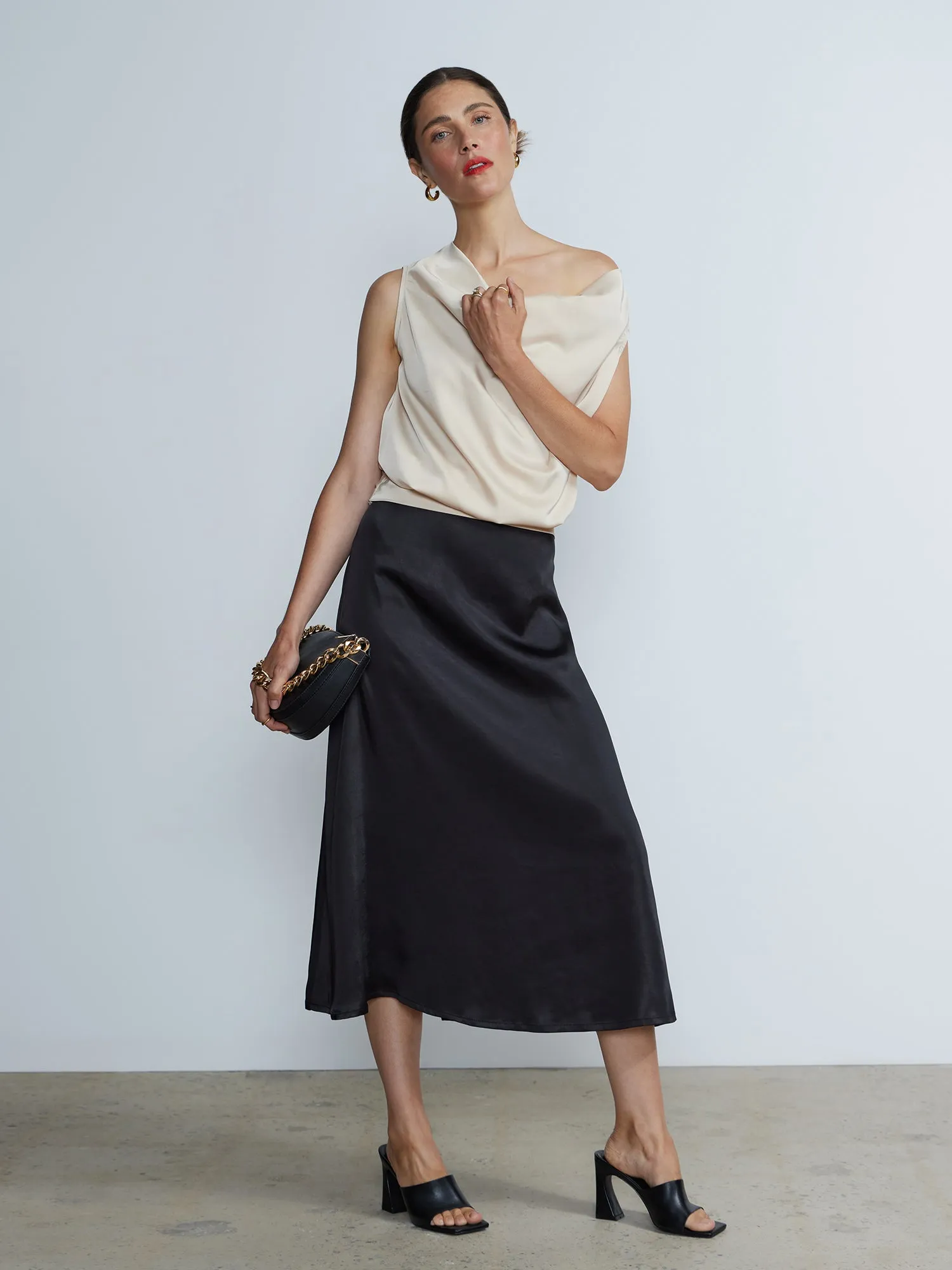 Sleeveless Cowl Neck Back Tie Blouse