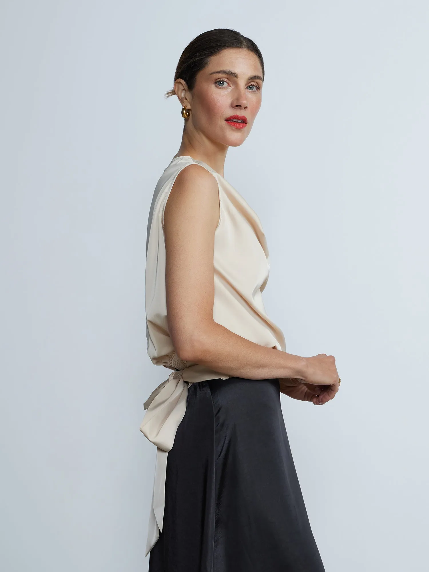 Sleeveless Cowl Neck Back Tie Blouse