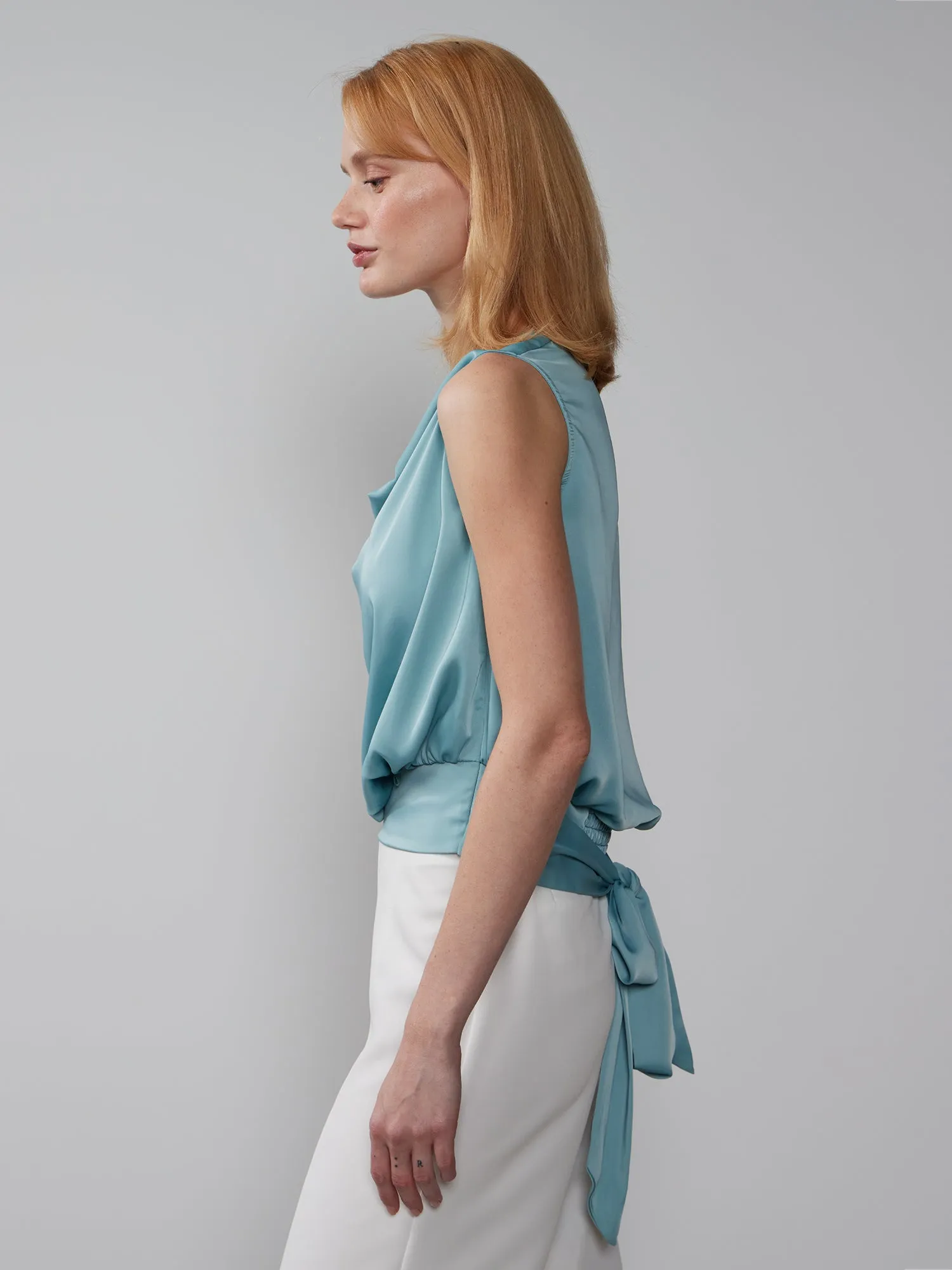 Sleeveless Cowl Neck Back Tie Blouse