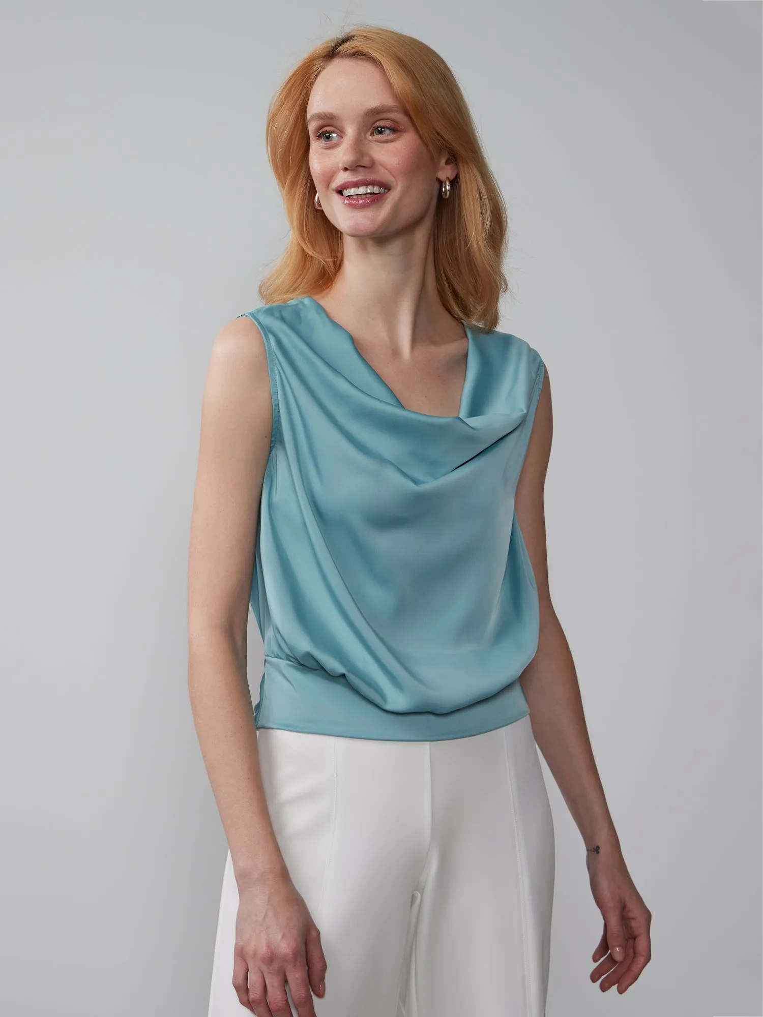Sleeveless Cowl Neck Back Tie Blouse