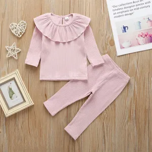 Solid Ruffled Long-sleeve Top and Pants Set Wholesale children's clothing