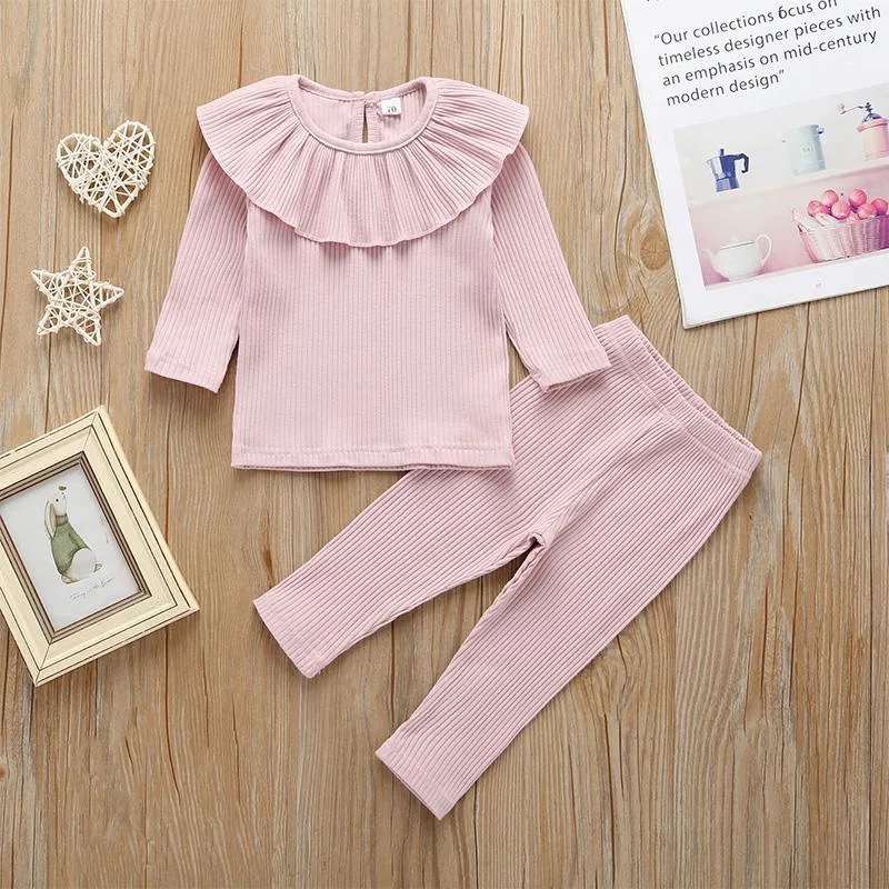 Solid Ruffled Long-sleeve Top and Pants Set Wholesale children's clothing