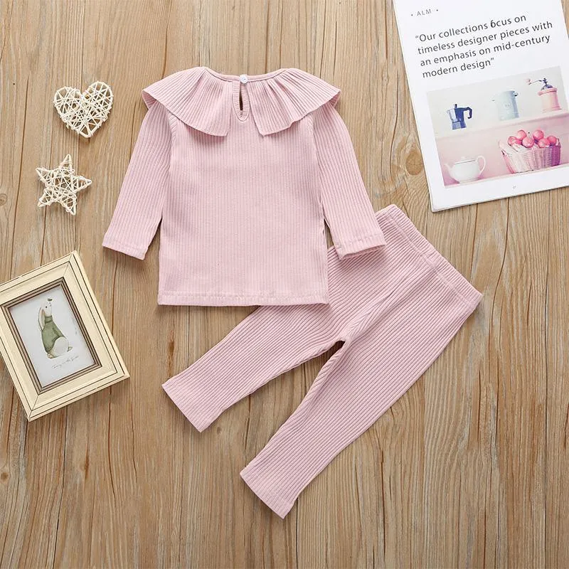 Solid Ruffled Long-sleeve Top and Pants Set Wholesale children's clothing