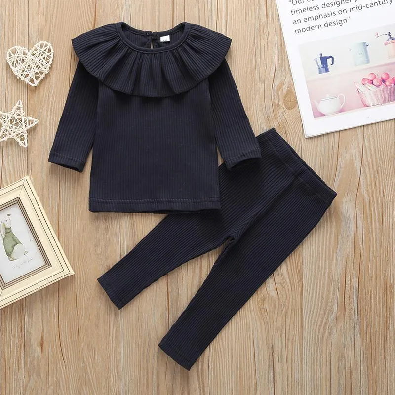 Solid Ruffled Long-sleeve Top and Pants Set Wholesale children's clothing