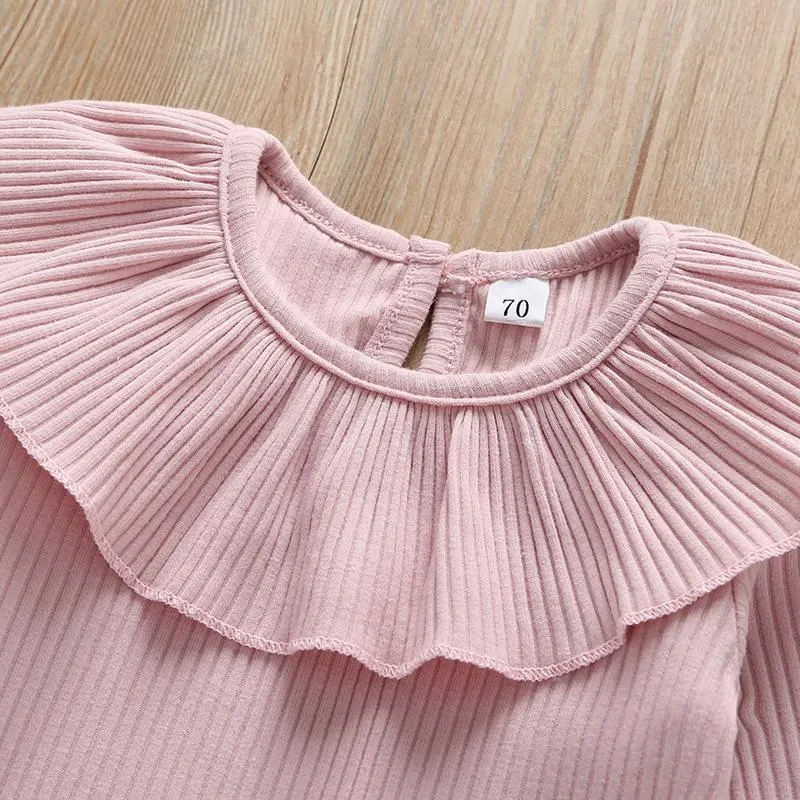 Solid Ruffled Long-sleeve Top and Pants Set Wholesale children's clothing