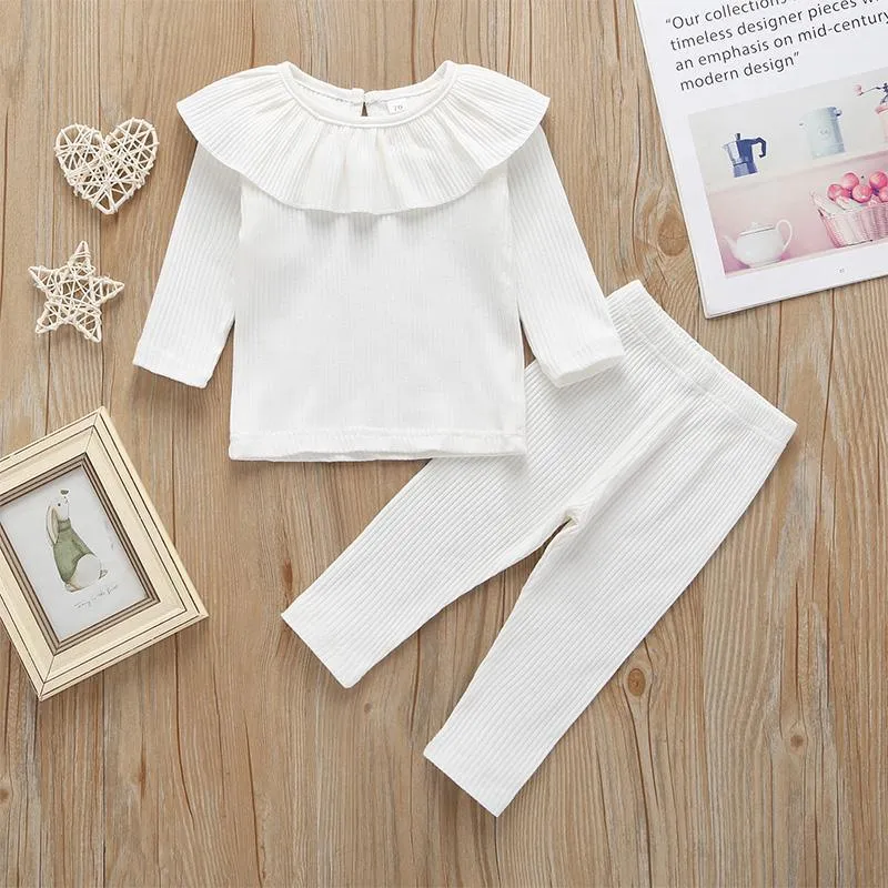 Solid Ruffled Long-sleeve Top and Pants Set Wholesale children's clothing