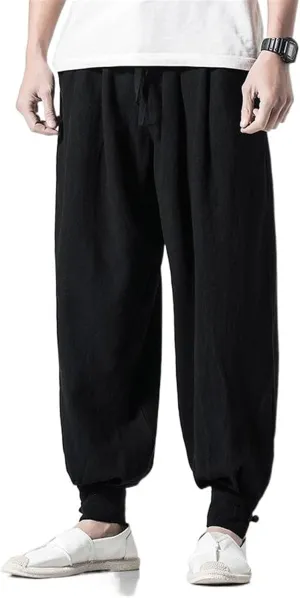 Summer Chinese Style Loose Fit Linen Pants, Mens Harem Joggers with Cuffed Legs