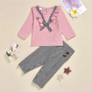 Toddler Girls Casual Plaid Long Sleeve Top & Pants Wholesale Girls