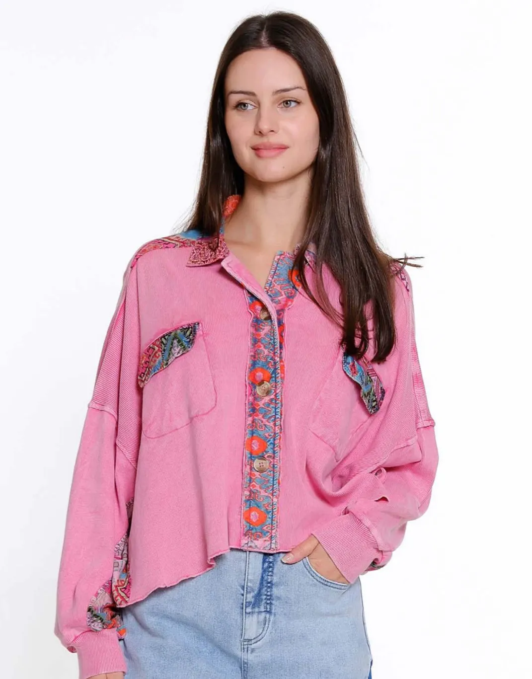 Tru Luxe: Button Front Knit Woven Washed Top in Berry