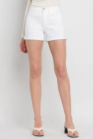 White High Rise Double Cuffed Denim Shorts