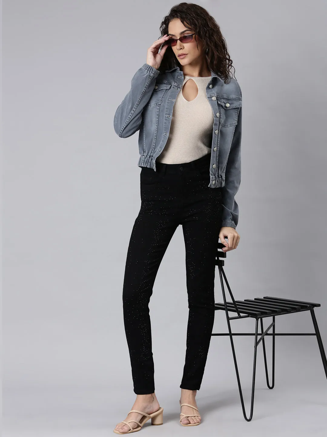 Women Grey Solid Denim Jacket
