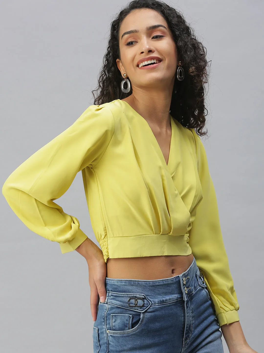 Women Lime green Crepe Cinched Waist Crop Top