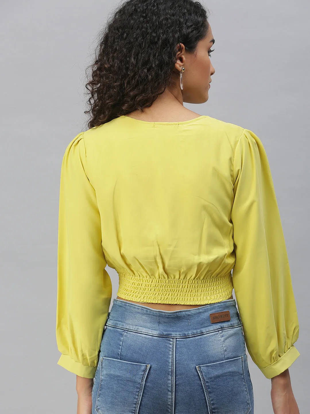 Women Lime green Crepe Cinched Waist Crop Top