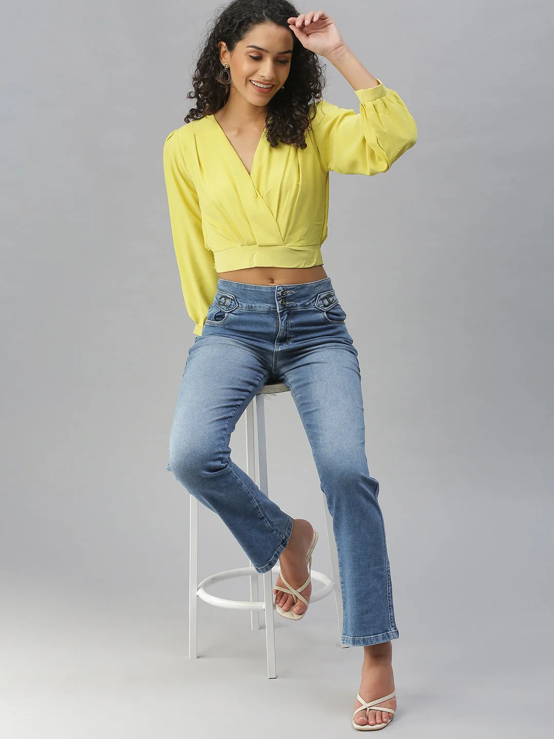 Women Lime green Crepe Cinched Waist Crop Top