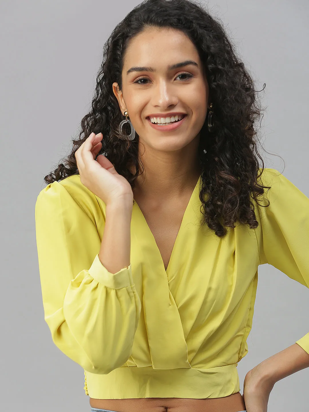 Women Lime green Crepe Cinched Waist Crop Top