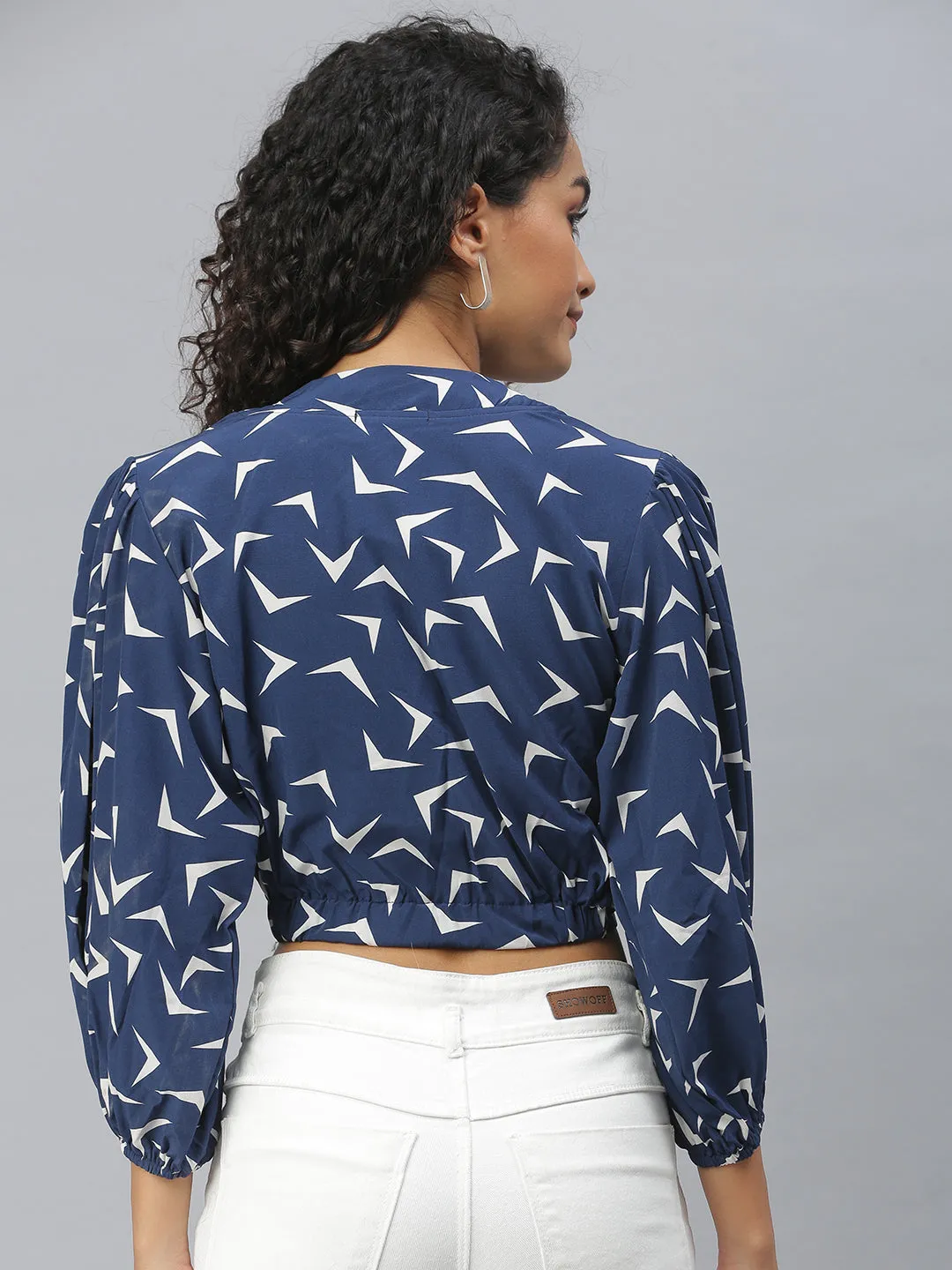 Women Navy Blue Geometric Print Puff Sleeves Crop Top