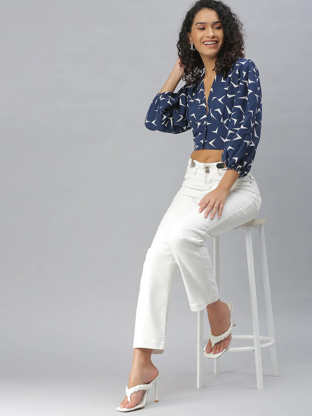 Women Navy Blue Geometric Print Puff Sleeves Crop Top