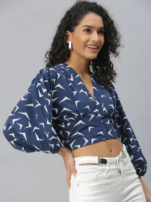 Women Navy Blue Geometric Print Puff Sleeves Crop Top