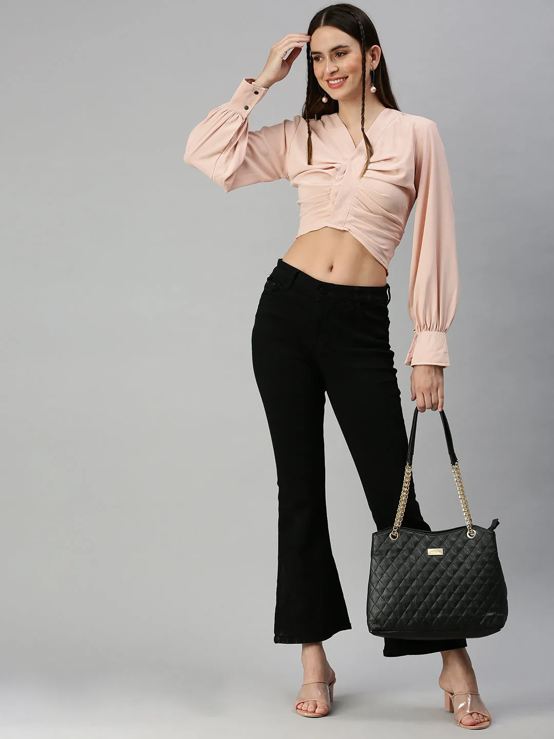 Women Peach Crepe Crop Top