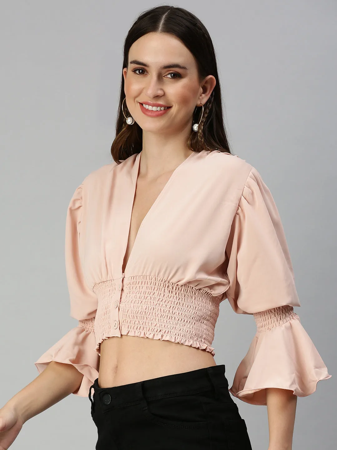 Women Peach Solid Crepe Blouson Crop Top