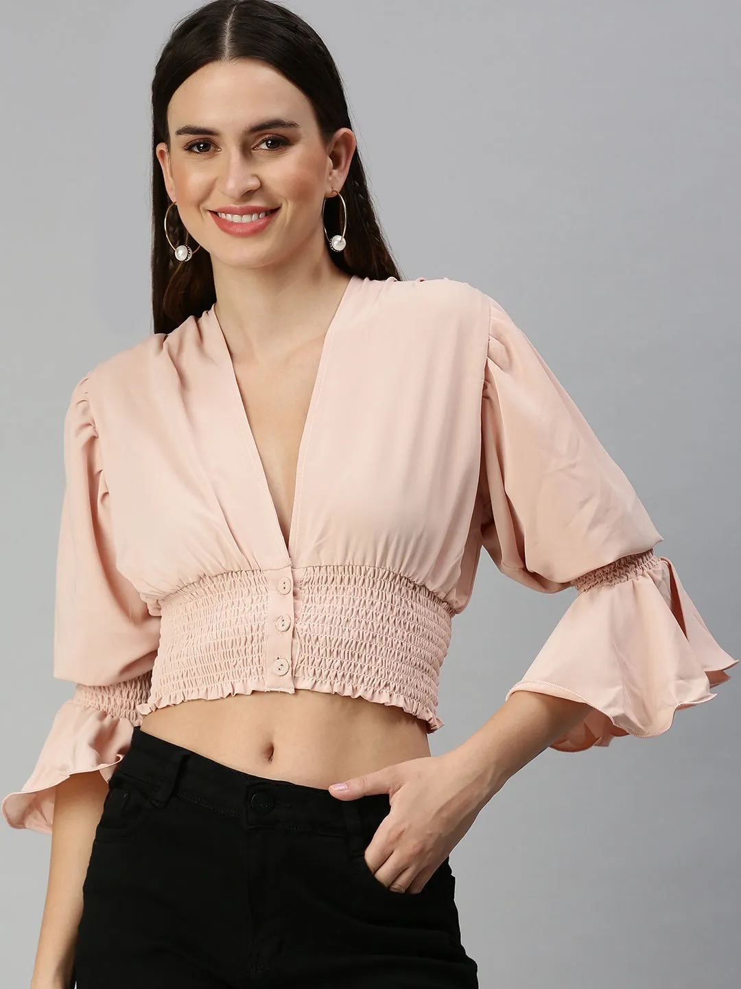 Women Peach Solid Crepe Blouson Crop Top