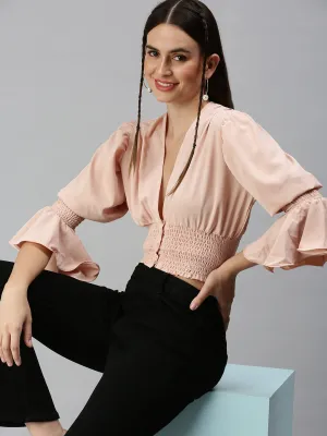 Women Peach Solid Crepe Blouson Crop Top
