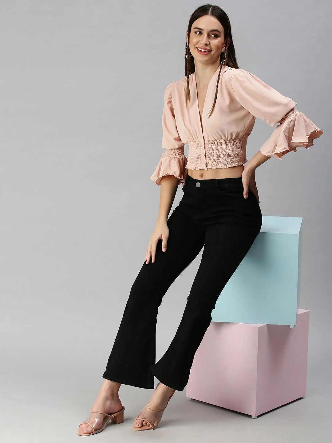 Women Peach Solid Crepe Blouson Crop Top