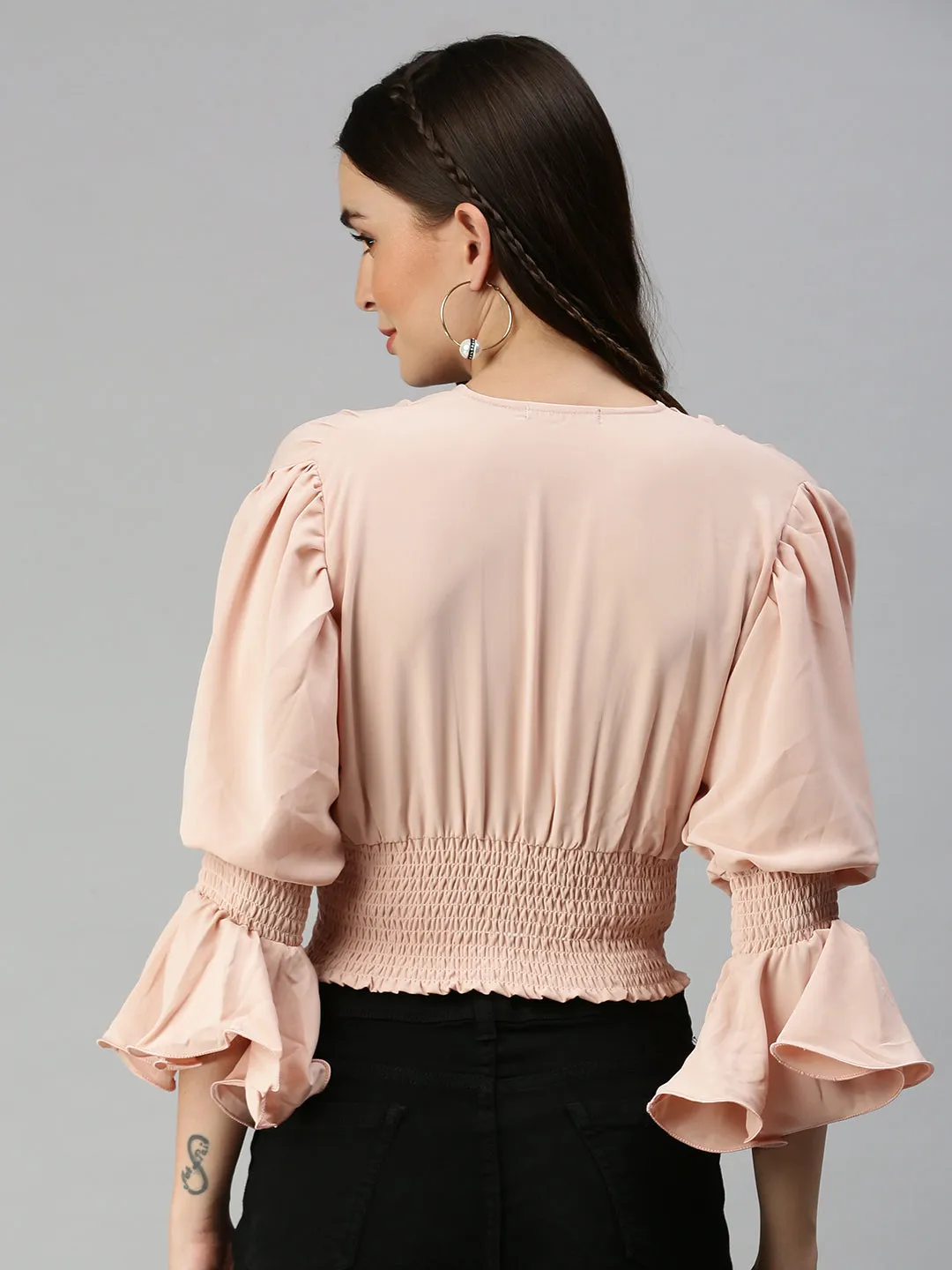 Women Peach Solid Crepe Blouson Crop Top
