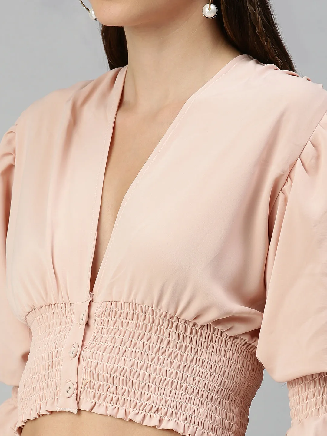 Women Peach Solid Crepe Blouson Crop Top