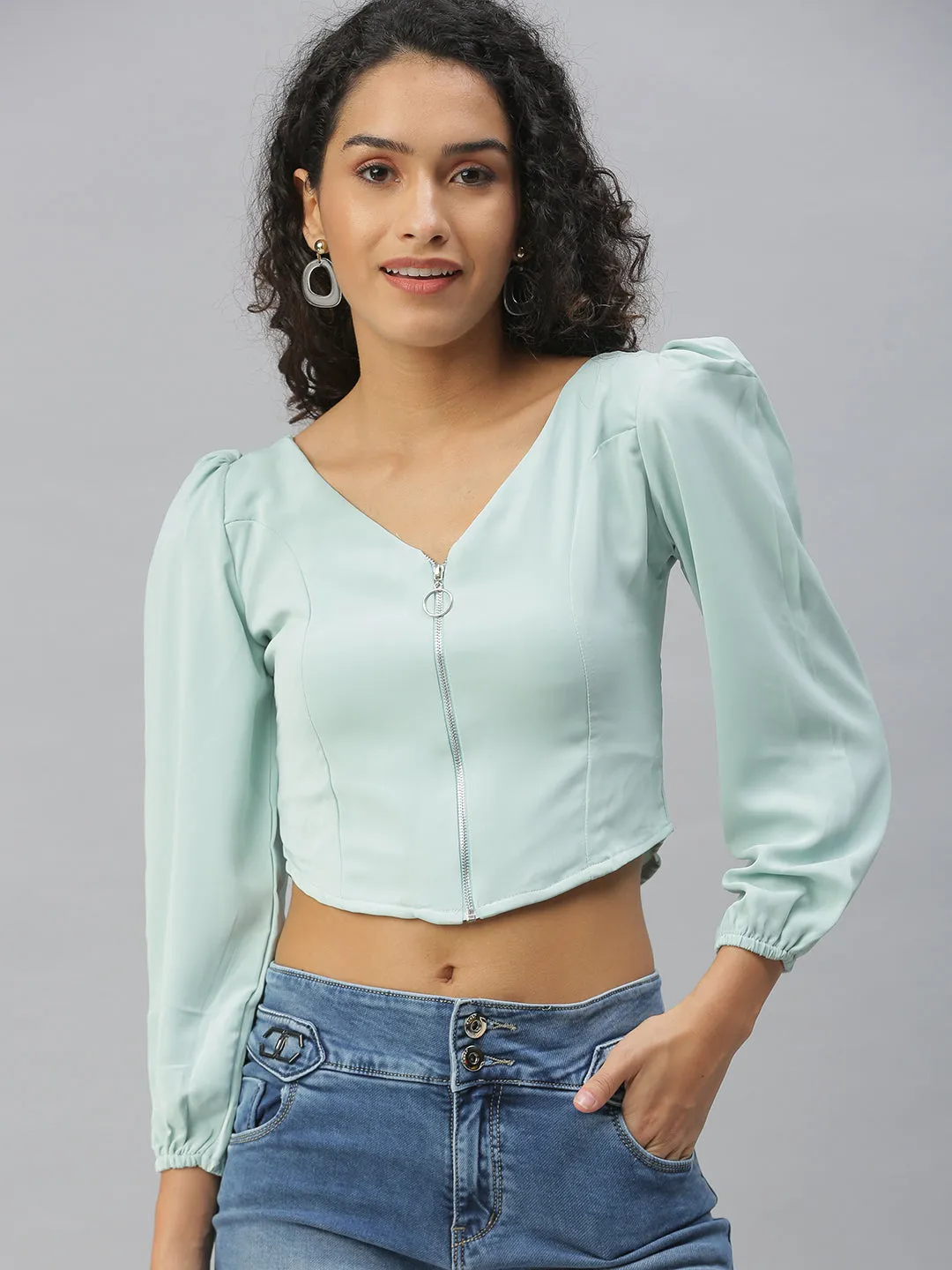 Women Sea Green Crepe Crop Top