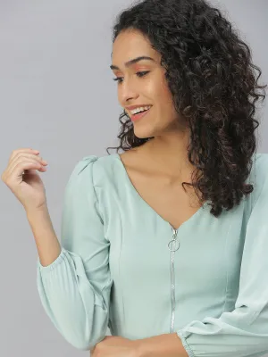 Women Sea Green Crepe Crop Top
