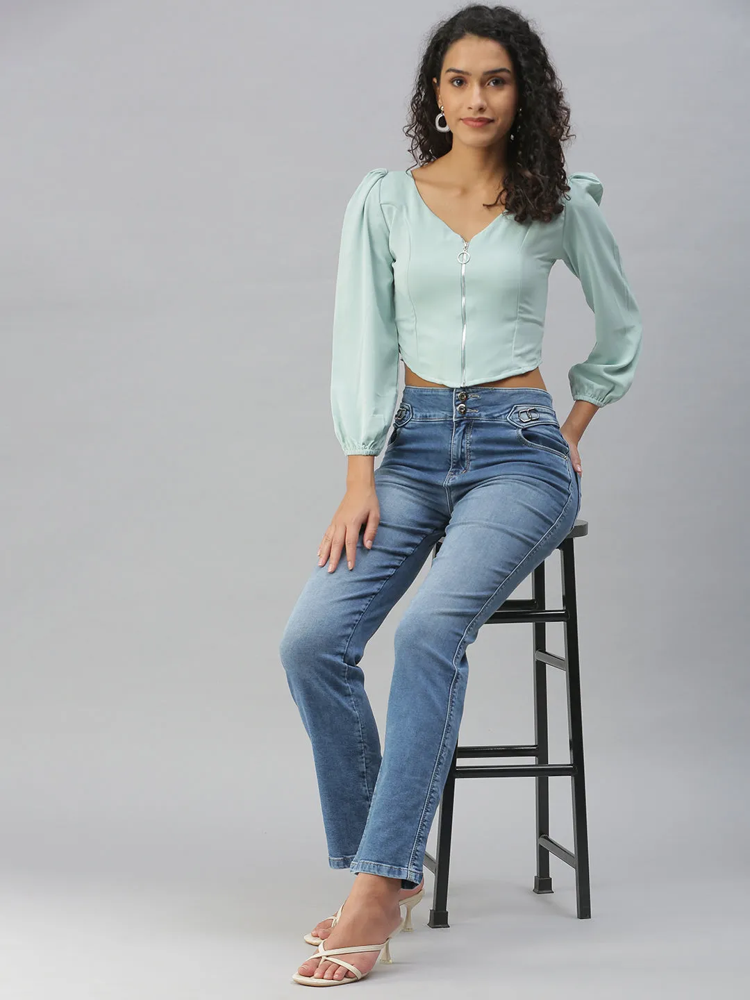 Women Sea Green Crepe Crop Top