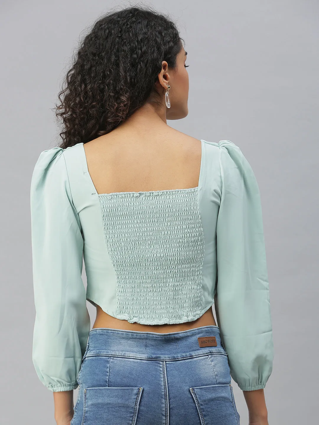 Women Sea Green Crepe Crop Top