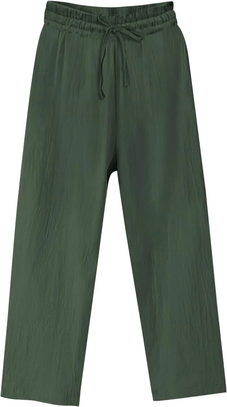 Womens Cotton Linen Pants Summer Casual Beach Pant Drawstring Flowy Traveling Straight Leg Palazzo Trousers
