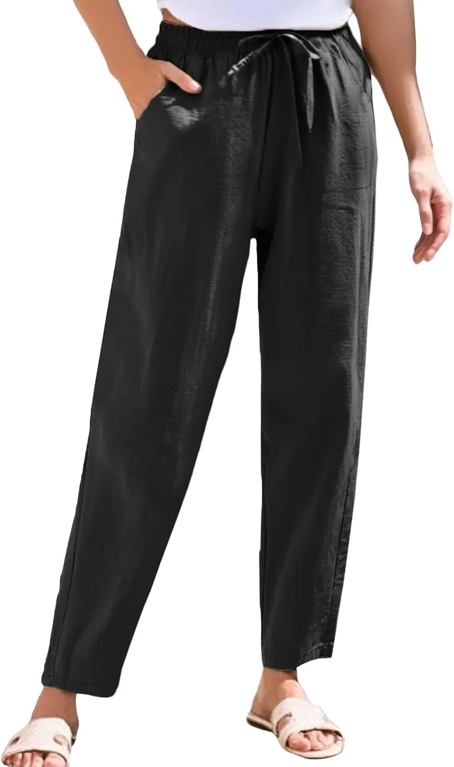 Women's Cotton Linen Pants Women Straight Leg Pants Elastic Drawstring Casual Trousers with Pockets Summer Beach Lounge Pants