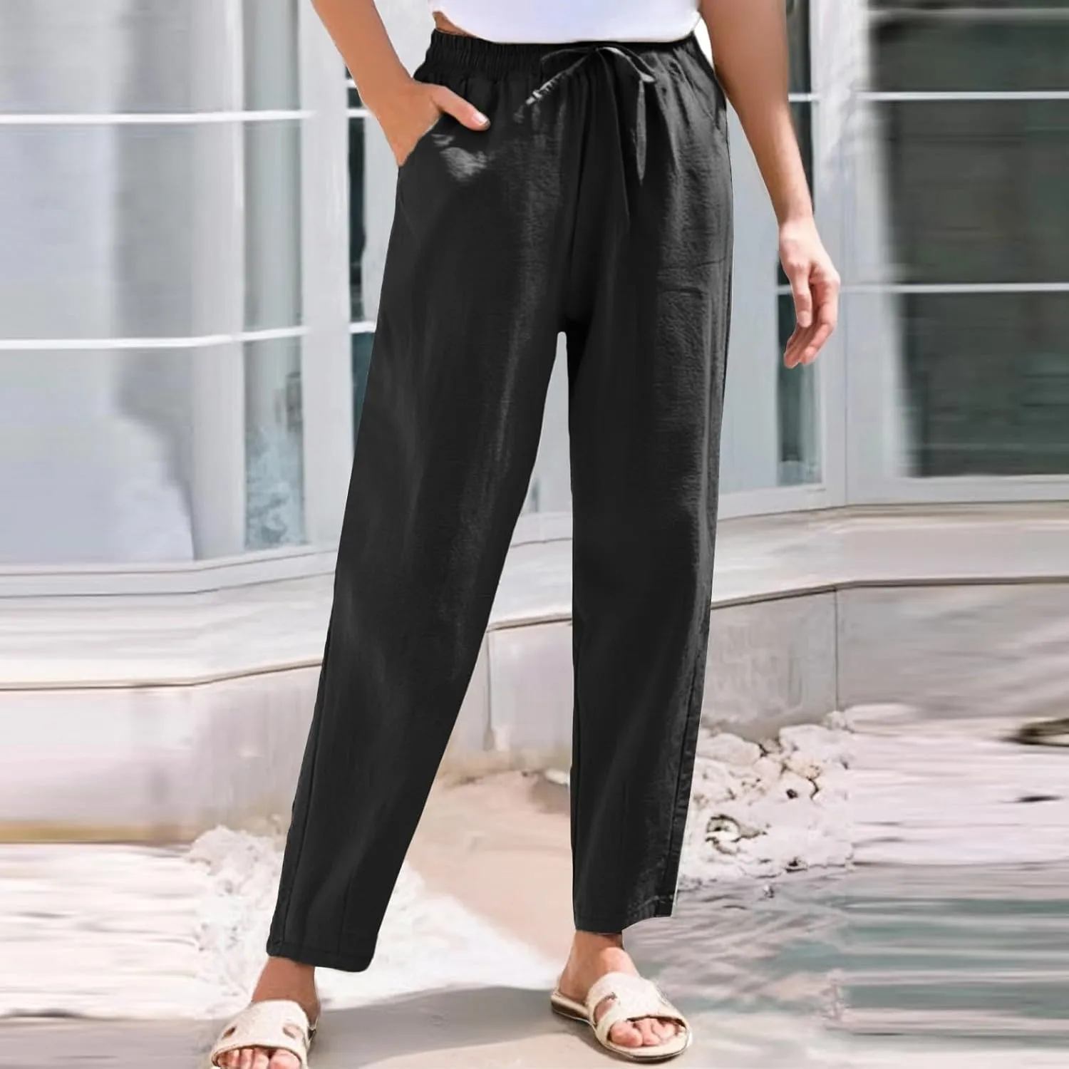Women's Cotton Linen Pants Women Straight Leg Pants Elastic Drawstring Casual Trousers with Pockets Summer Beach Lounge Pants