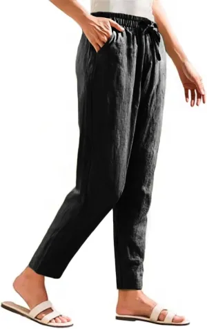 Women's Cotton Linen Pants Women Straight Leg Pants Elastic Drawstring Casual Trousers with Pockets Summer Beach Lounge Pants