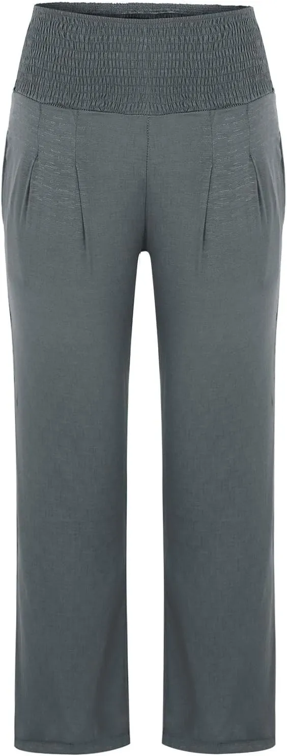 Womens Linen Blend Summer Split Flowy Pants Elastic Waist Long Lounge Slim Fit Pant Trousers Work Business