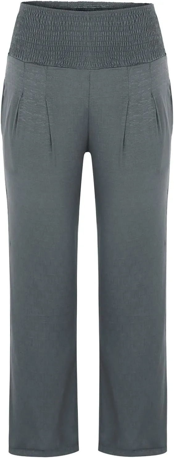 Womens Linen Blend Summer Split Flowy Pants Elastic Waist Long Lounge Slim Fit Pant Trousers Work Business