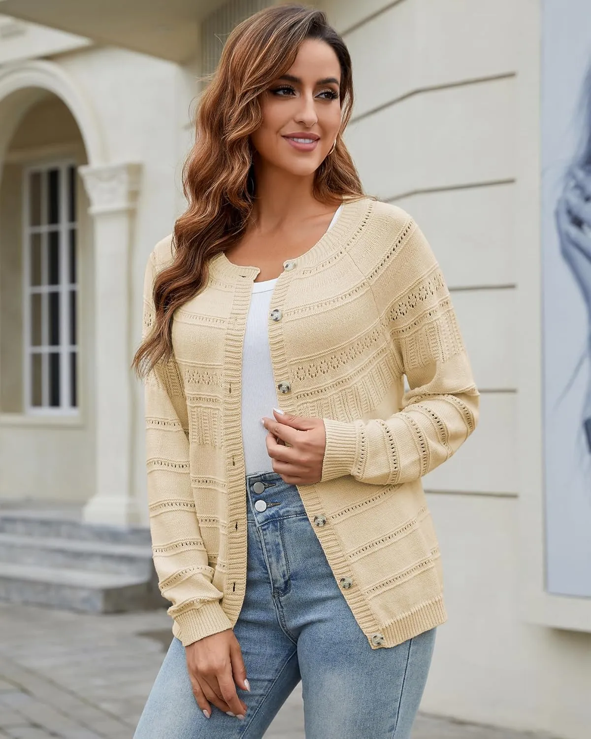 Women's Long Sleeve Sweaters Cardigan 2025 Spring Open Front Button Down Chunky Lightweight Soft Cable Knit Outwear