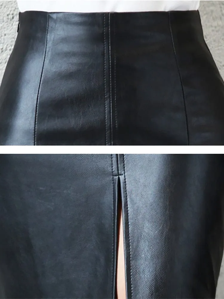 Women's Midi Sexy High Waist Leather Split Skirt