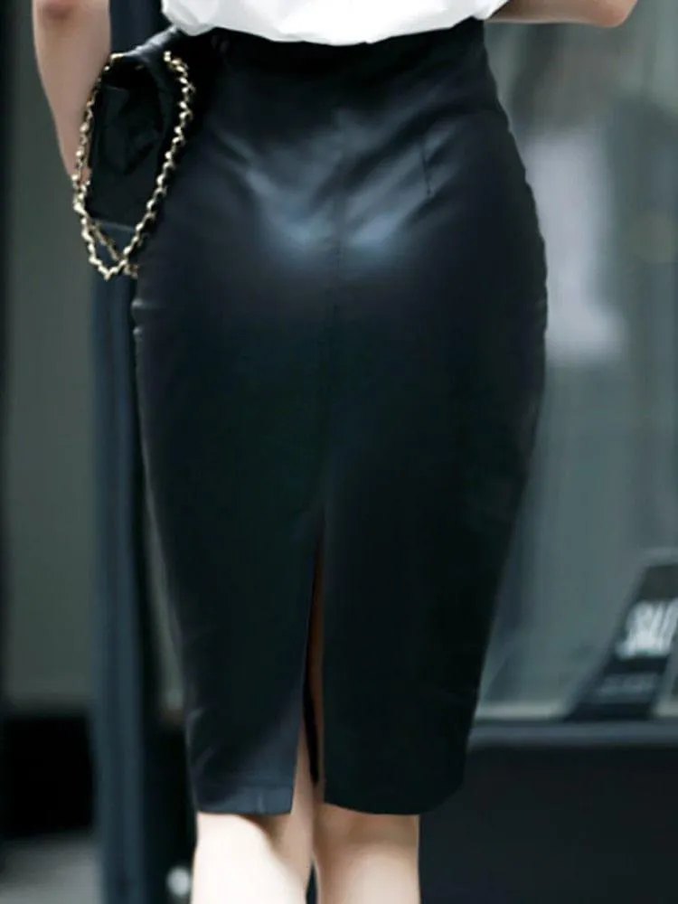 Women's Midi Sexy High Waist Leather Split Skirt