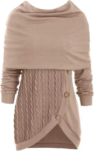 Women's Pullover Sweaters Plus Size O-Neck Long Sleeve Solid Botton Pachwork Asymmetric Tops Sweater, S-5XL