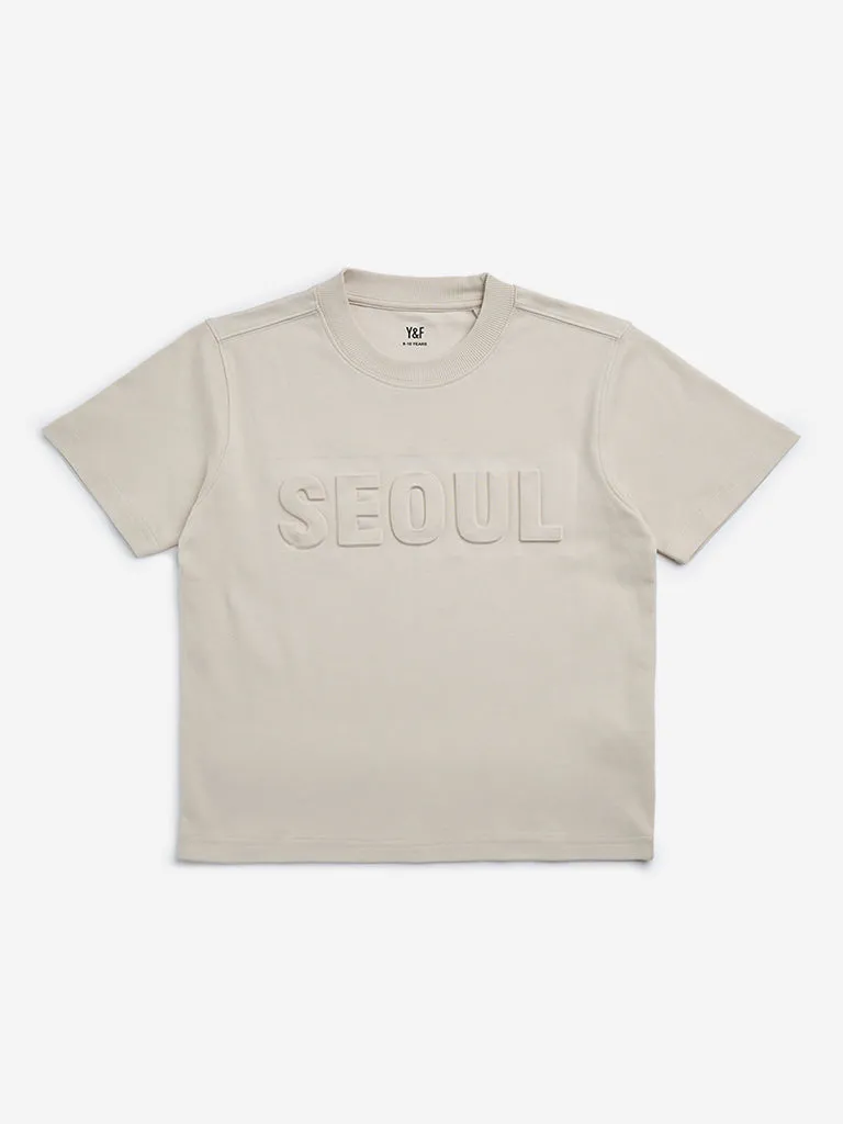 Y&F Kids Beige Text Embossed Cotton T-Shirt