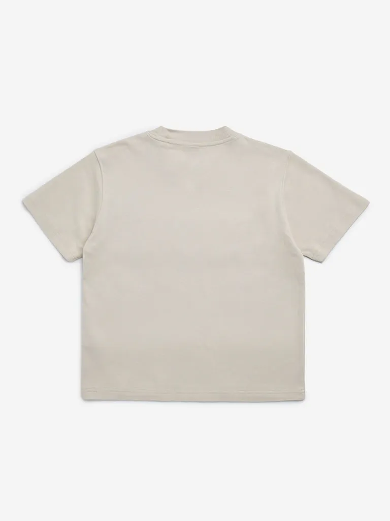 Y&F Kids Beige Text Embossed Cotton T-Shirt